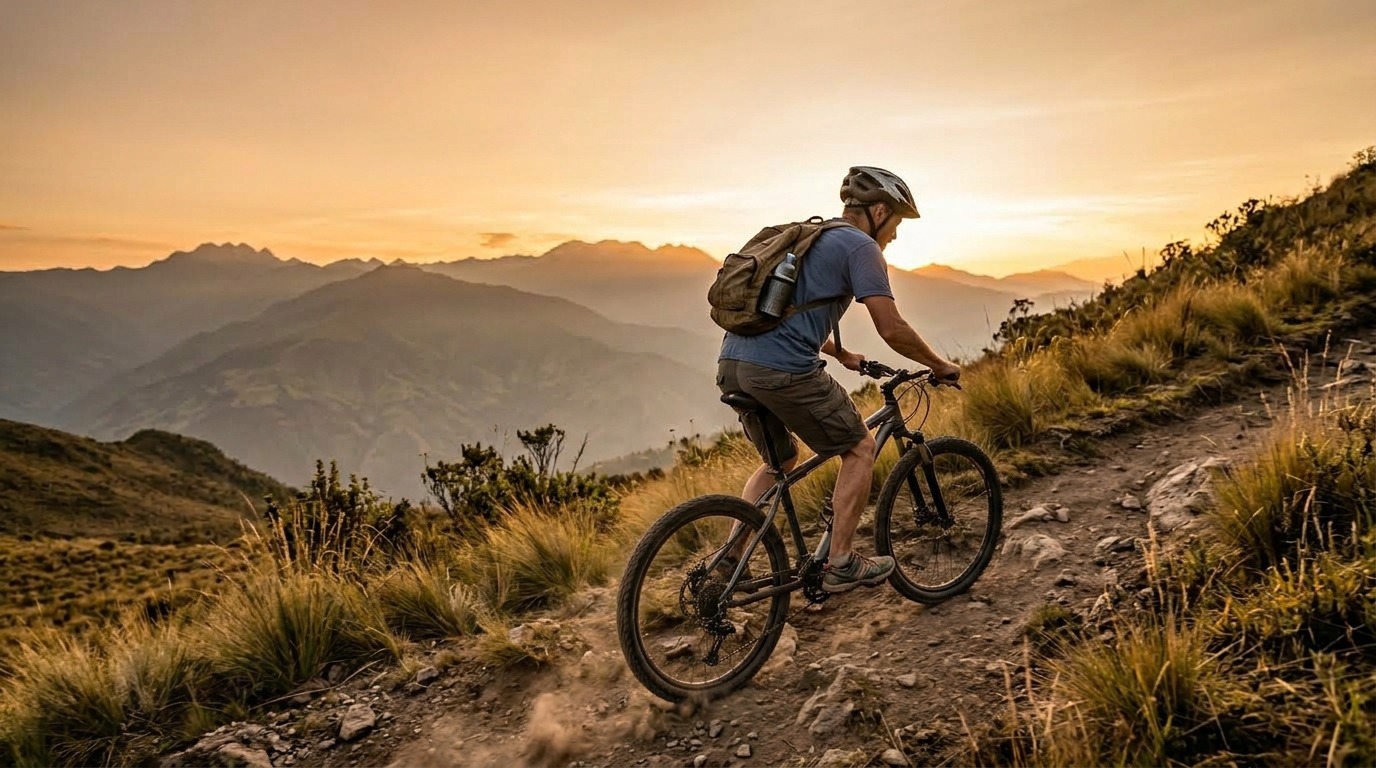 Ciclista de 40+ años pedaleando en subida técnica de páramo andino al atardecer